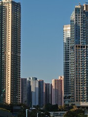 Fototapeta premium Tall residential buildings rise against a clear sky in Hong Kong, showcasing the city's dense apartment living and architectural style. The scene depicts a cluster of high-rise homes.