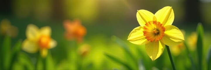 Daffodil blooms in a garden with other flowers, green grass, garden, blooming flowers