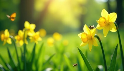 Obraz premium Daffodils in a lush green meadow with butterflies and bees, spring, sunshine, nature