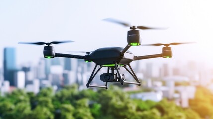 Black Drone Flying Over Cityscape