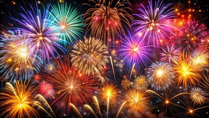 Naklejka premium Stunning fireworks illuminate the dark night, creating a sparkling, vibrant spectacle.