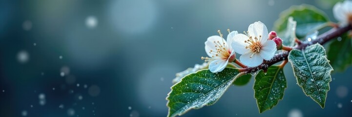 Obraz premium Frosty holly branch with delicate white blooms, nature, frost, christmas