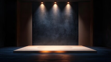 Empty stage studio in dark room with spotlights