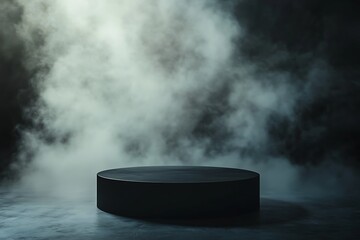 The black podium is set in a strikingly empty room, enveloped by a foggy, smoky atmosphere that establishes a powerful and abstract stage for displaying products.