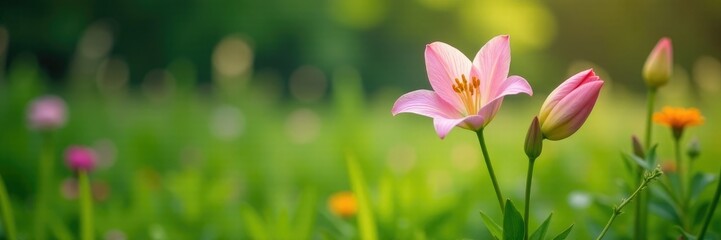 Light pink lily growing in a lush garden with tall grasses and wildflowers, nature, greenery, blossoms