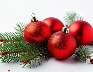 Closeup of red Christmas balls and fir branch on white background.