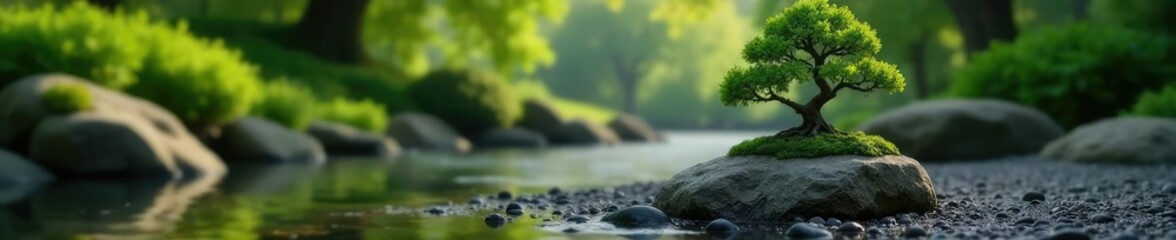 Fototapeta premium Low-angle shot of serene bonsai tree on rock with black pebble path in Zen garden, path, water, peaceful