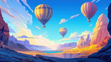 Obraz premium Hot Air Balloons Soaring Over Majestic Mountains and Serene Lake