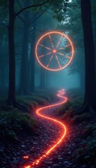 Luminous wheel tracing a winding course through the trees, path, mysterious