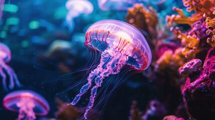 Obraz premium Mesmerizing Jellyfish in Vibrant Underwater World