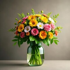 Obraz premium Lush greenery and colorful flowers in a large glass jar, colorful, nature, bouquet