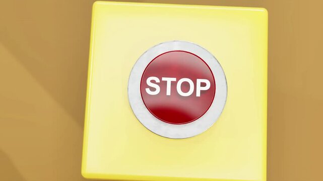 3D animated character pressing a "STOP" button. Ideal for UI/UX concepts, emergency stop, control panels, and digital interfaces. High-quality motion, perfect for technology and automation content.