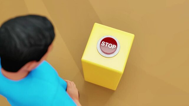 3D animated character pressing a "STOP" button. Ideal for UI/UX concepts, emergency stop, control panels, and digital interfaces. High-quality motion, perfect for technology and automation content.