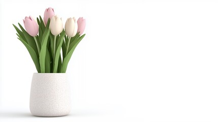 Obraz premium Pastel Tulips in Speckled Ceramic Pot A Springtime Minimalist Still Life