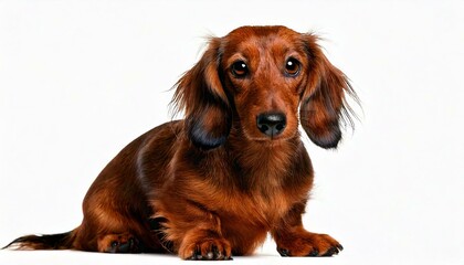 Dachshund, sausage dog, 1 year old, sitting in front of white background