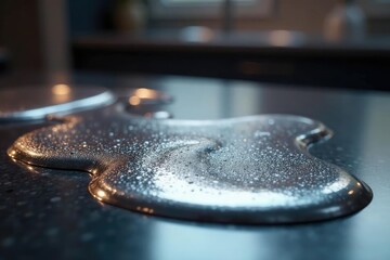 Obraz premium Shiny liquid silver metal flowing across a countertop, metallic flow, molten metal
