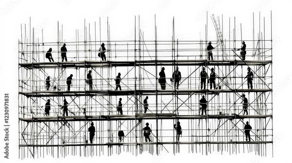 Poster construction workers on scaffolding engaging in various tasks at a busy site