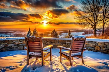 Two chairs sit by a stone wall, watching a breathtaking panoramic winter sunset unfold.