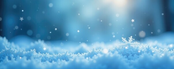 Sparkling tiny snowflakes gently falling onto a light blue misty atmosphere, atmospheric conditions, snowflakes