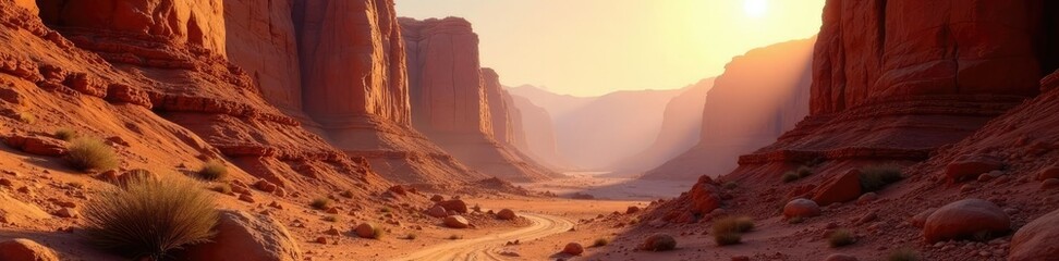 Naklejka premium Sunlit canyon walls with layered rock formations, rugged landscape, earthy tones