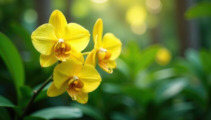 Obraz premium Sunny yellow orchids in a lush tropical garden, flower, yellow