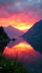 Fototapeta premium Sunrise over the Thunersee with Bergstrasse mountains, thunersee, mountain sunrise