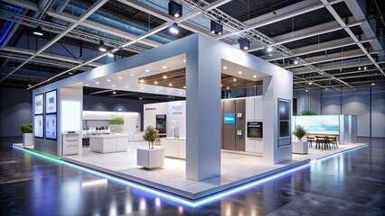 Empty Trade Show Booth for White Goods and Services Expo - Generative AI Showcase of Product Display and Modern Exhibition Design