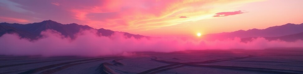 Obraz premium swirling pink mist rises from desolate landscape, nature, sunset, gradient