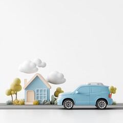 Minimalist Scene Featuring a Modern Car Next to a Cute House with Lush Trees and White Background Ideal for Illustrating Home and Travel Concepts