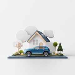 Colorful 3D Illustration of a Blue Car Parked in Front of a Modern House Surrounded by Cartoon Trees and Decorative Elements on a White Background