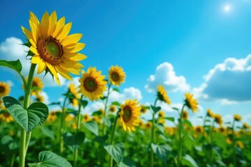 Obraz premium Tall stalks of sunflowers against the blue sky with white clouds, sunflowers, cloudy