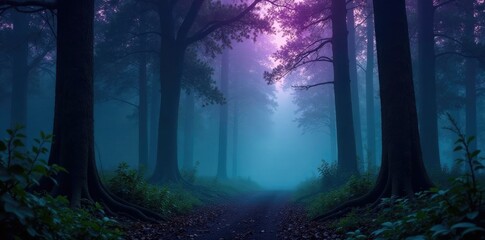 A dark forest shrouded in purple and green mist, dark woods, mysterious, misty
