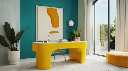 A chic office space featuring a bright turquoise accent wall, vibrant yellow desk, and modern art pieces