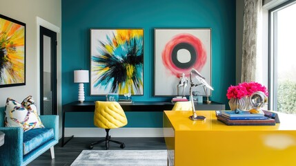 A chic office space featuring a bright turquoise accent wall, vibrant yellow desk, and modern art pieces