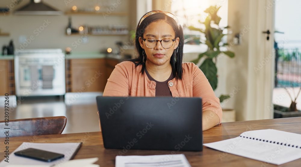 Poster laptop, remote work and woman with documents for client consulting, tech support or customer service
