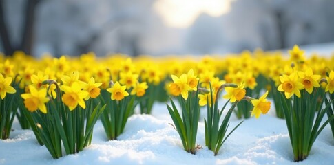 Fototapeta premium A field of yellow daffodils in snow-covered fields, , snowy fields, snowy scenery