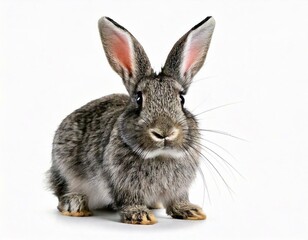 Fototapeta premium Expressive Grey young rabbit standing in front, isolated, making a face