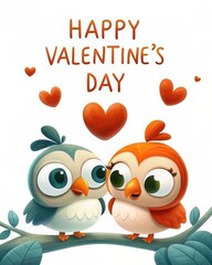 Fototapeta premium Happy Valentine's Day Owls: A charming illustration of two adorable owls perched on a branch, expressing affection with hearts floating above.