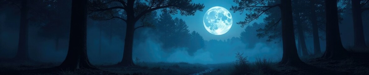 Fototapeta premium A full moon shining on a dark and misty forest floor, trees, silvery light