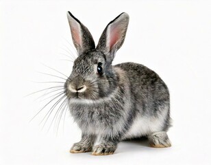 Fototapeta premium Expressive Grey young rabbit standing in front, isolated, making a face