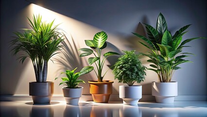 Four Potted Houseplants Isolated on White Background for Night Photography - Indoor Plants, Modern Decor, Minimalist Design, Home Aesthetics, Natural Elements, Greenery, Potted Plants, Botanical Art