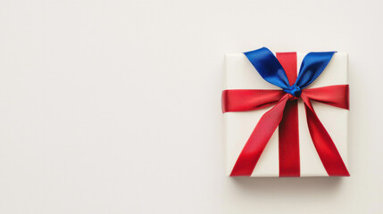 A beautifully wrapped gift box with a red and blue ribbon sits on a clean, light background, perfect for celebrations.