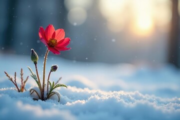 A lone winter flower blooms in the midst of a winter landscape, frosty, peaceful, quiet