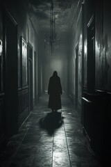 Shadowy figure in dark hallway, old building, mysterious fog