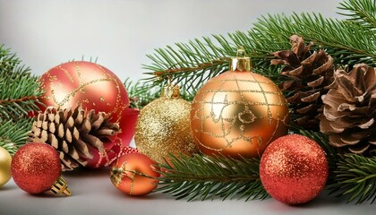 Festive Christmas Ornaments and Pine Decorations on white
