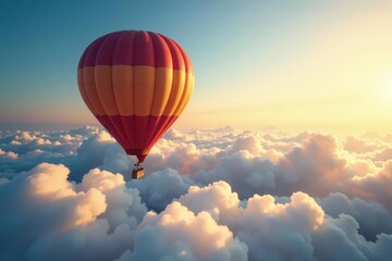 Fototapeta premium Hot air balloon rides high amidst wispy clouds, clouds, warm light
