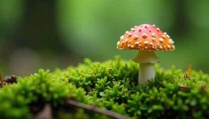 A single mushroom pushing through the surface of a bed of moss, mycology, forest