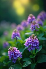 Obraz premium clusters of small purple flowers emit a soft ethereal glow amidst leafy green foliage, garden, purple flowers