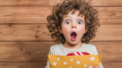 A surprised child with curly hair holds an envelope, displaying excitement and joy against a wooden background.