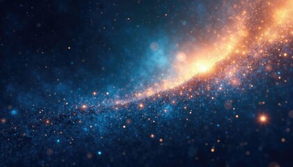 Naklejka premium Cosmic abstract background with dark blue and gold hues blending into the distance with shimmering particles, shimmer, gold, galaxy